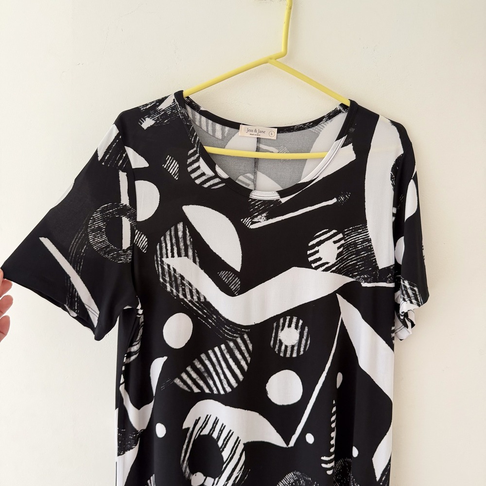 Jess & Jane Abstract Print Shift Dress Womens Large Lagenlook Art to Wear Black - Picture 3 of 7